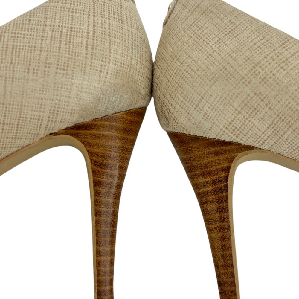 Tahari (7.5) Sophia Cream Waxed Burlap Stacked Platform Stiletto Pump Heels - Picture 9 of 12